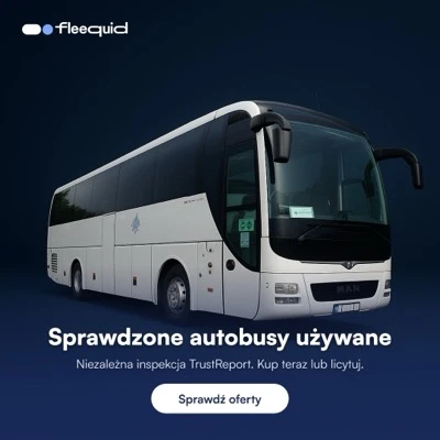 Baner Fleequid: biały autokar na granatowym tle i napis „Sprawdzone autobusy używane. Niezależna inspekcja TrustReport. Kup teraz lub licytuj”